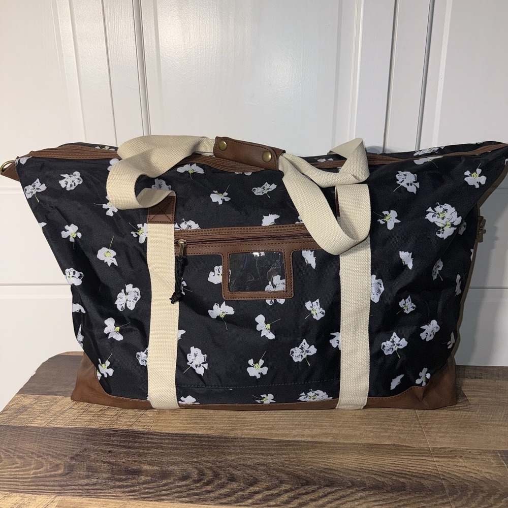 Mossimo Floral Print Tote Bag XL 27"x18"x7" Duffel Water Resistant Fabric Black